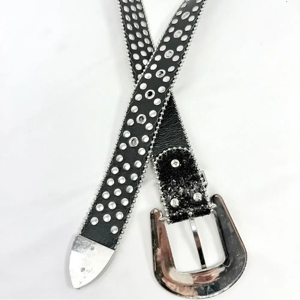 Western Rhinestone Studded Black Glitter Leather Glam Belt with Metal Buckle